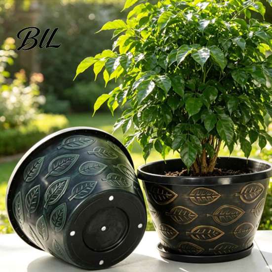Plastic Flower Pots with Trays 11 Inch Pots, Leaf Embossed Planters Drainage Hole, Retro Rose Planting Indoor Outdoor Plant Pot for Balcony