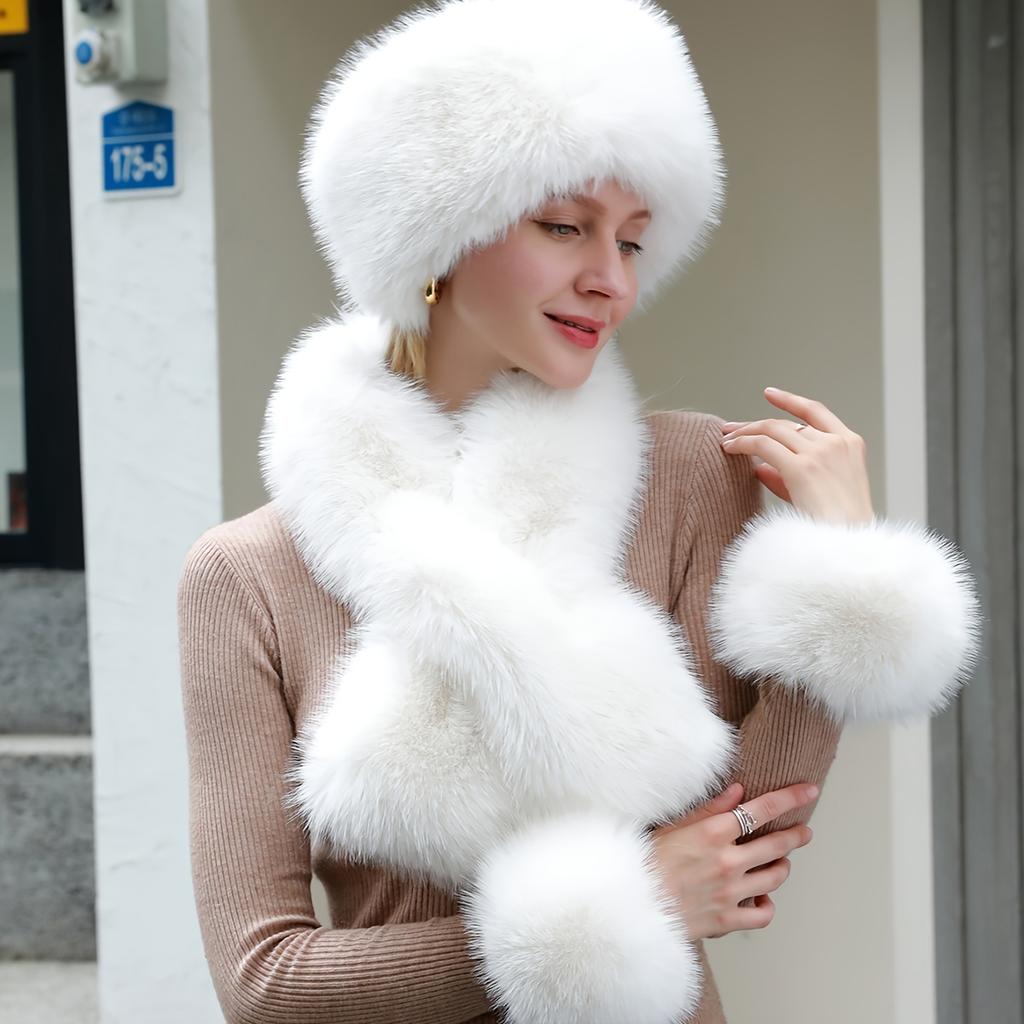 Fashionable 3-Piece Women's Solid Color Faux Fur Headband, Neck Scarf, and Wrist Cuff Set, Cozy Polyester Fiber Accessories Kit