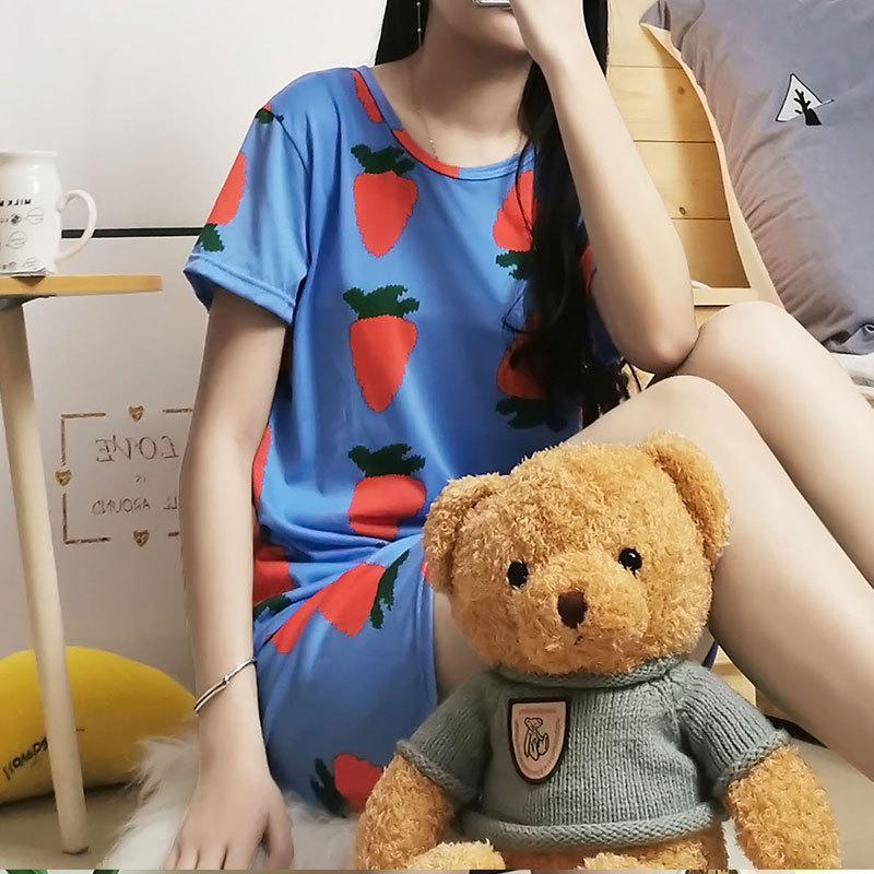 Женский летний пижамный комплект: Круглый вырез, Короткий рукав, Мультяшный принт, Омолаживающая домашняя одежда