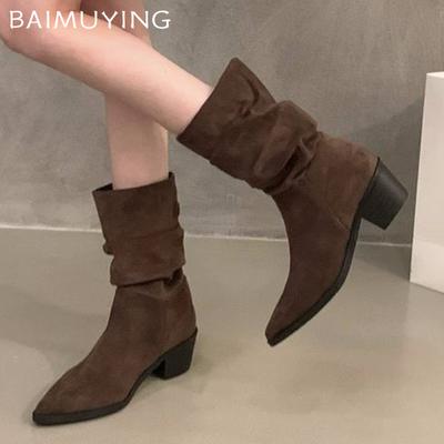 Зимние женские ботильоны на толстой подошве из замши с острым носком и складками на среднем каблуке 2025 года, классические готические туфли-лодочки Chelsea Botas De Mujer