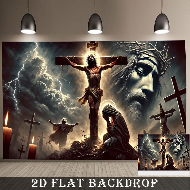 2D Flat Party Backdrop Banner - Cross Theme with Figure Holding Cross, Blood & Lightning