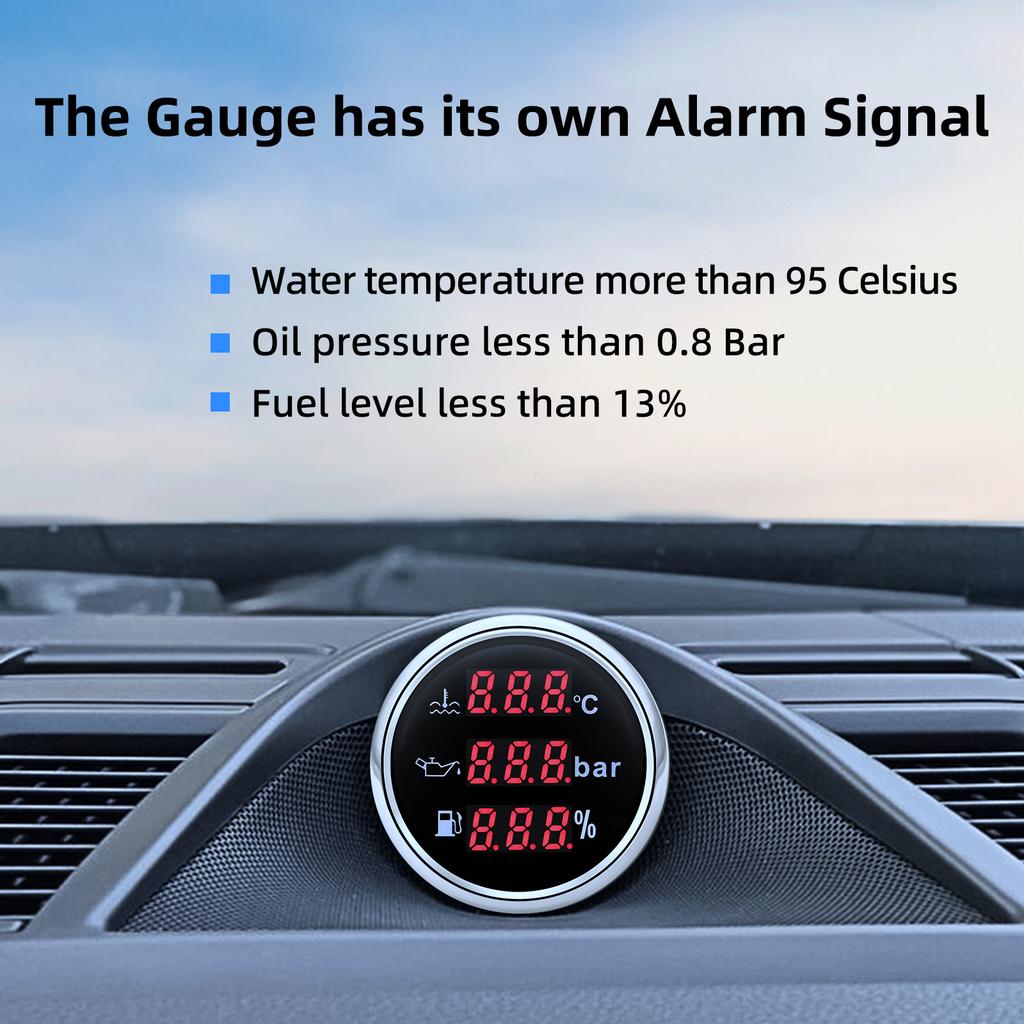 52 мм Цифровой 3 в 1 Водонепроницаемый Автомобильный Морской Датчик Для 12В24В Температура Воды Давление Масла Вольтметр Уровень Топлива С Сигналом Тревоги