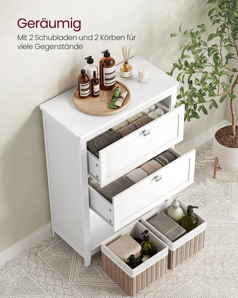 VASAGLE Bathroom Cabinet, Storage Cabinet, 2 Drawers with 1 Set of Adjustable Dividers, 2 Baskets, Side Board, 30 x 60 x 80 cm, Cloud White