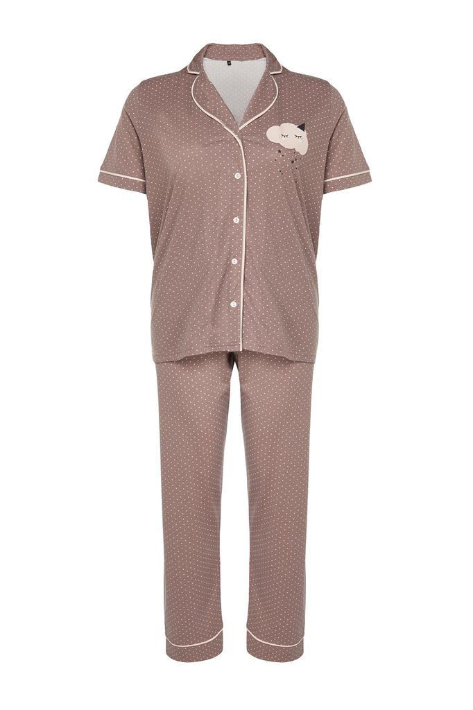 Women's Fashion New Plus Big Size Pajama Set Mink Polka Dot Patterned Shirt Collar Knitted Pajama Set