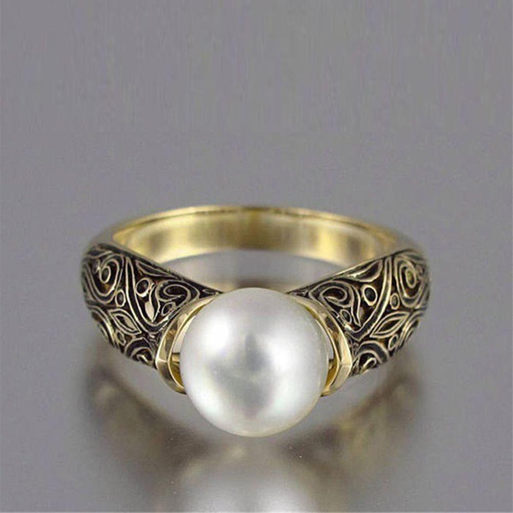 Помолвочное Винтажное Резное Ювелирное Изделие Кольцо из 14-каратного Белого Жемчуга с Позолотой Желтым Золотом