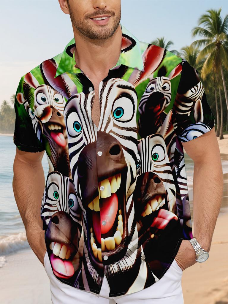 A Casual Shirt for Men Featuring a Group of Cartoon Zebras with Exaggerated Expressions
