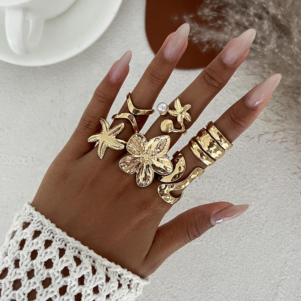 Ingemark 6Pcs/set Retro Starfish Flower Knuckle Rings Set for Women Bohemia Imitation Pearls Open Joint Ring Jewelry 2026 New