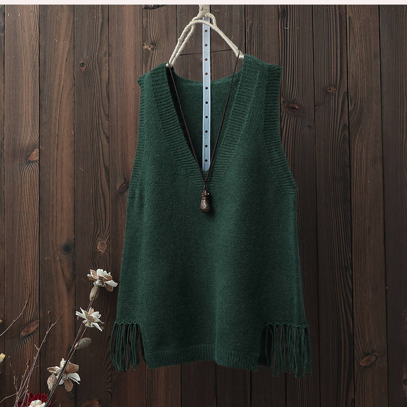 Sweater Vest Women Y2k Hem Fringed Crop Knit Vest Women Vintage Top Loose Pullover Jumper V-neck Solid Waistcoat Spring Autumn
