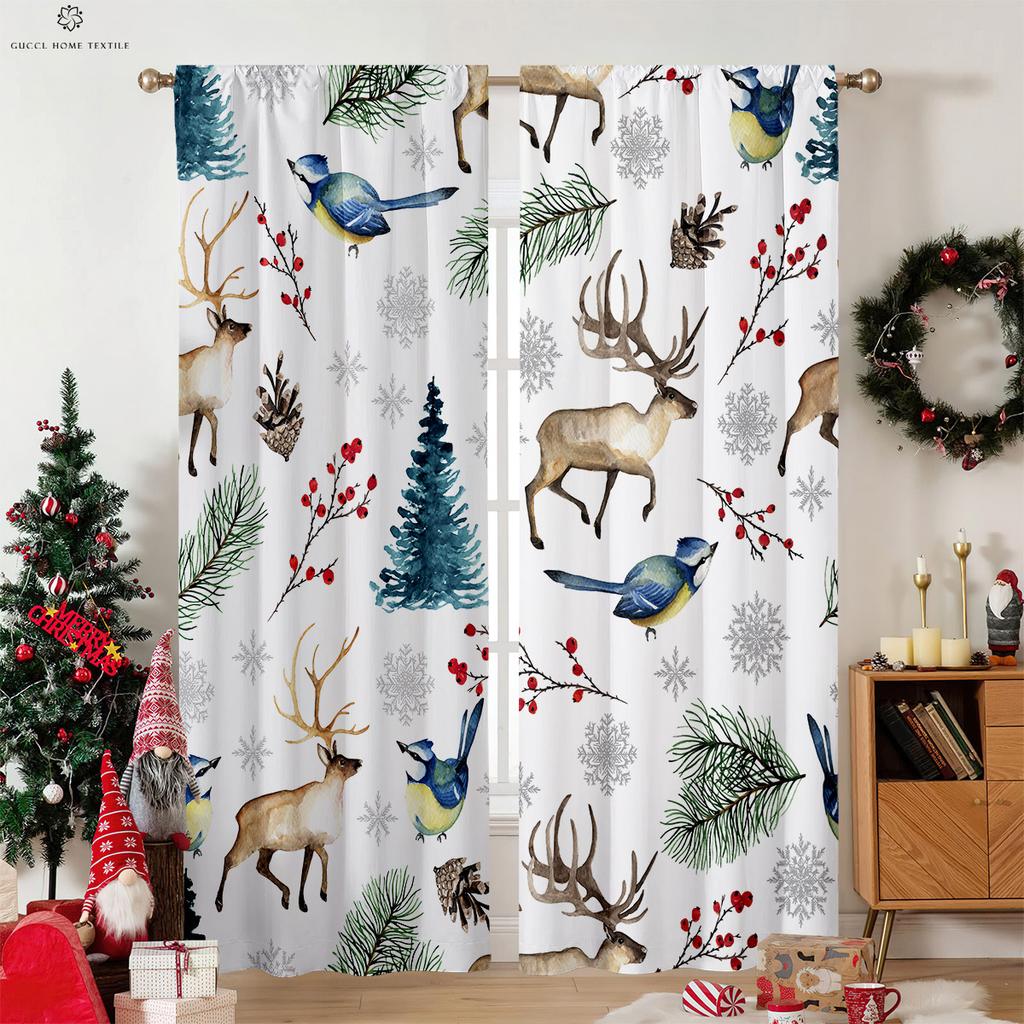Рождественские шторы с рисунком снежинки и лося под дерево, декоративные шторы в стиле ретро, шторы для спальни и гостиной, 2 шт.