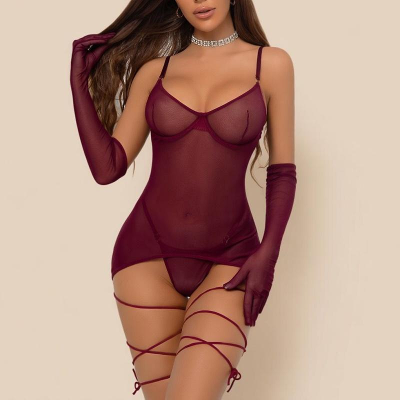 Toucheart Sexy Women Mesh Lingerie Set Backless Perspective Rope Design Women's Underwear With Gloves Thong Sex Suit Intimate Apparel