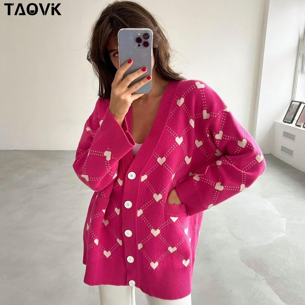 TAOVK Женские вязаные кардиганы, женские свитера с v-образным вырезом и сердечками, свободные повседневные трикотажные изделия с карманами, джемперы Kawaii, Лидер продаж