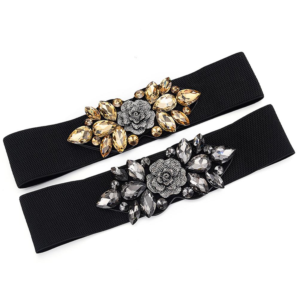 Elastic Elastic Imitation Rhinestone Waist Seal Women'S Dress Retro Flower Belt Student Personalized Decoration