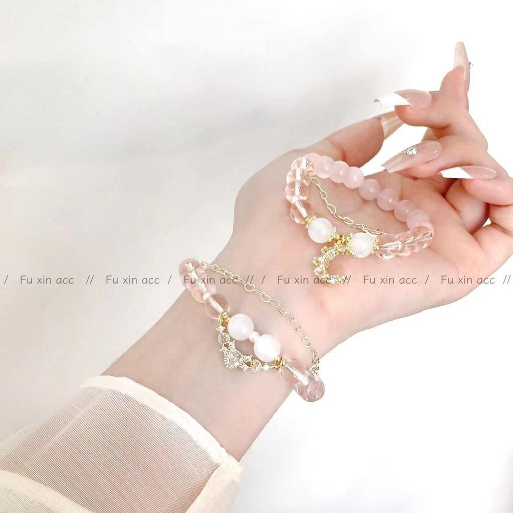 Роскошный браслет из розового хрусталя и лунного камня: Милый, элегантный дизайн со звездами для женщин