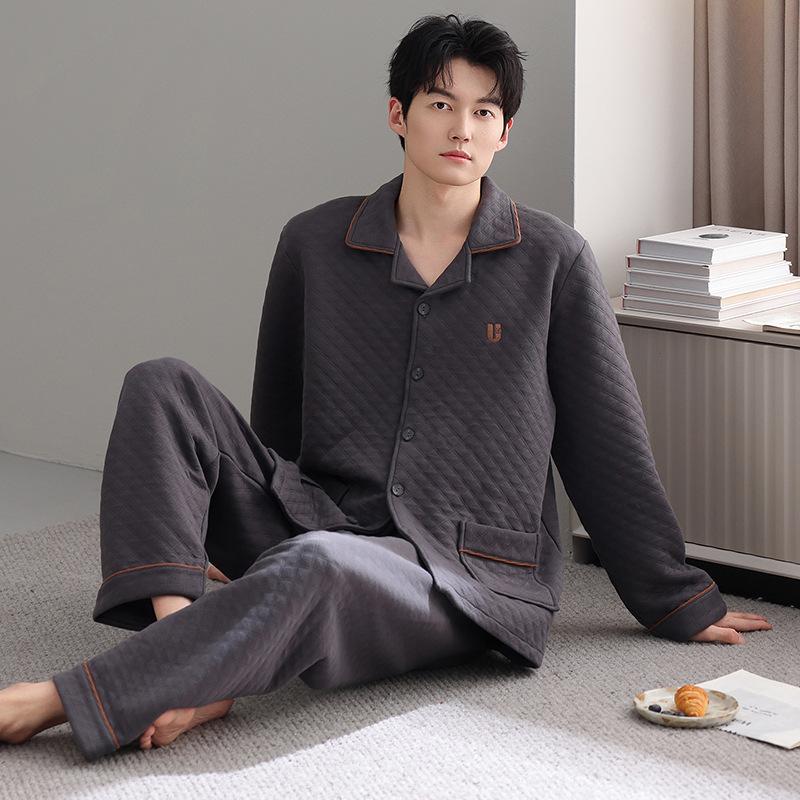 Осенне-зимняя утолщенная пижама из чистого хлопка в стиле «папа», мужская хлопковая одежда для дома с длинным рукавом, теплый тонкий стеганый сэндвич-комплект