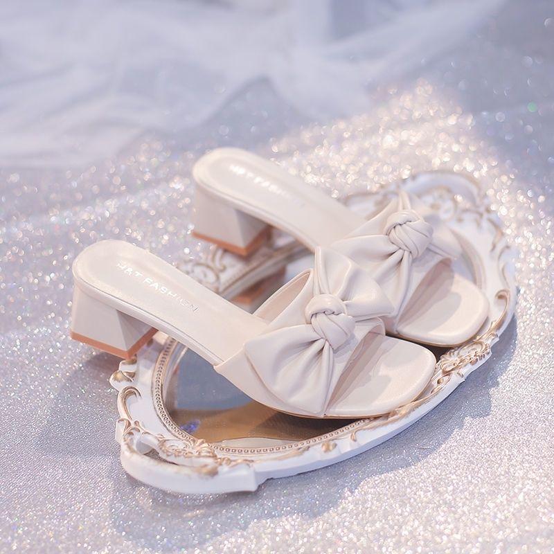 Лето 2024 г., женские тапочки с открытым носком и босоножки, удобные, элегантные, с бантом, белые шлепанцы, каблук до 5 см