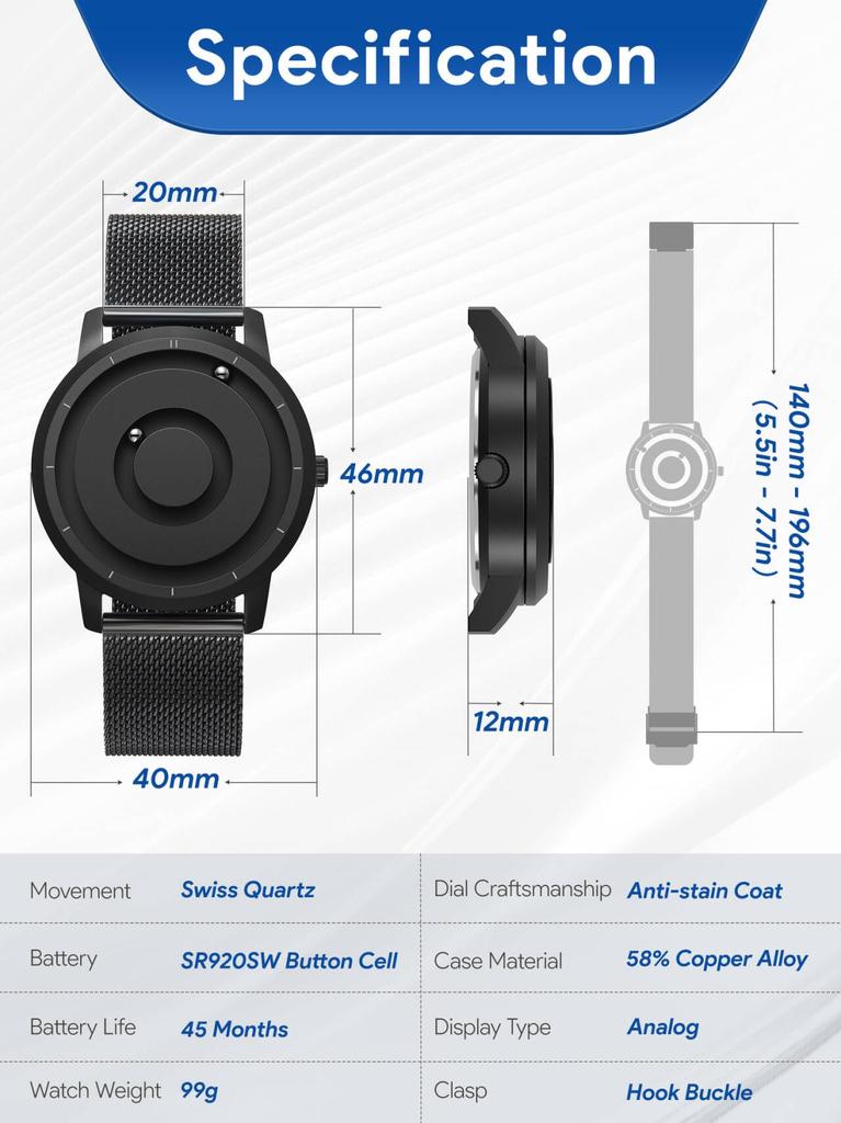 Магнитные часы с шарикоподшипником, кварцевые часы, минимализм, повседневные, водонепроницаемые, 40 мм, черный циферблат, черный ремешок из нержавеющей стали, сетчатый ремень [EUTOUR] Мужские
