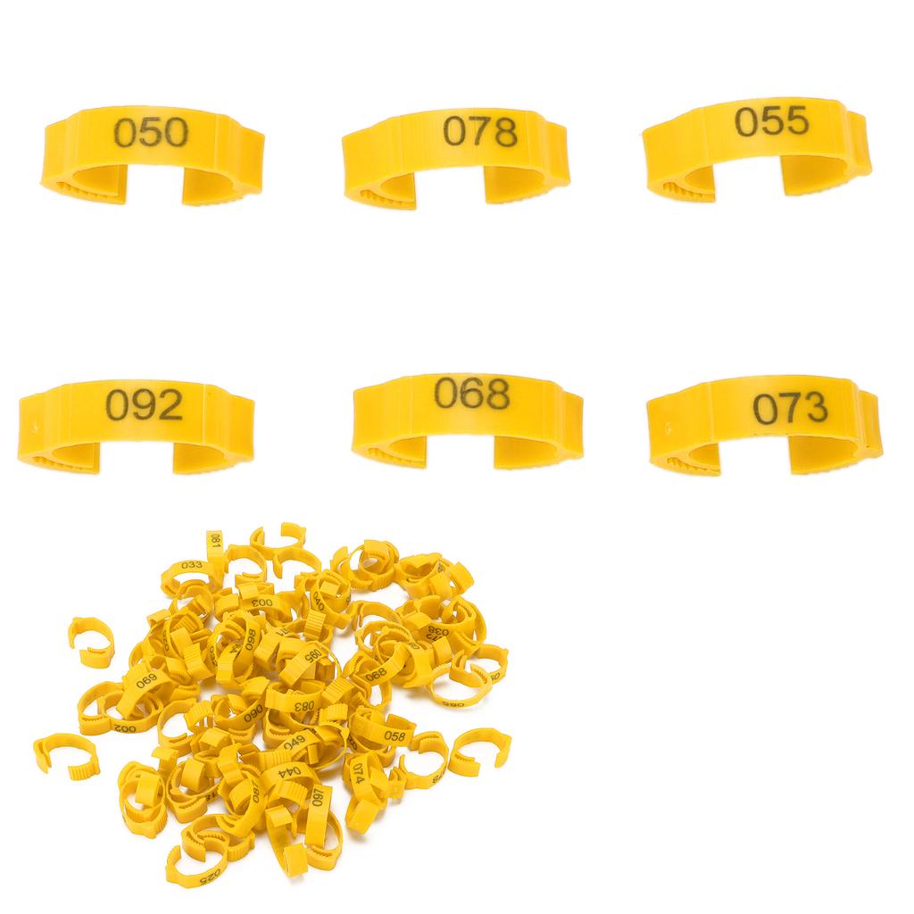 100Pcs Poultry Foot Rings Identification Leg Buckle with Numbers for Chicken Duck BirdYellow