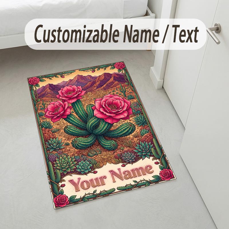 Desert Cactus Theme Soft Crystal Velvet Rug Custom Name & Text Print Non Slip Floor Rug for Bedroom Living Room