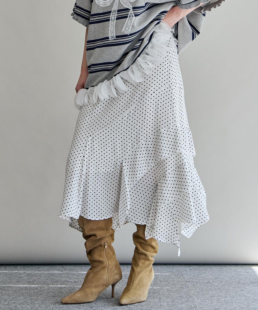 Maja Asymmetrical Ruffle Dot Flare Long Skirt
