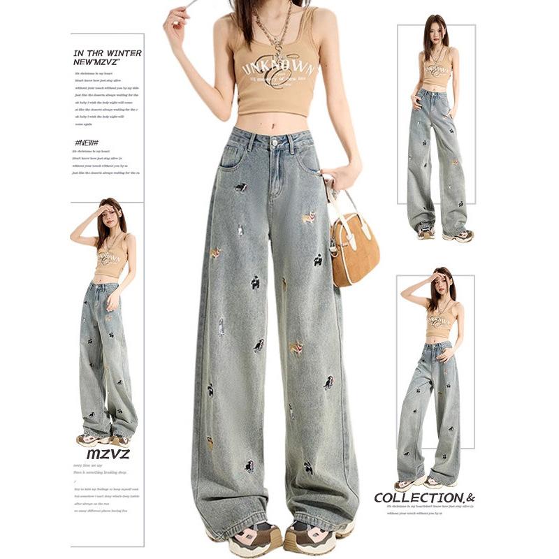 Fun Puppy Embroidery Straight Jeans Women's Spring Large Size Fat Mm American Vintage Skinny Wide Leg Pants