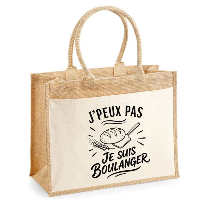 Sac Cabas Jute avec Poche J’peux pas je suis Boulanger J'peux pas minimaliste | Toile de Jute et Coton 21 L Fond Plat Anses 65 cm