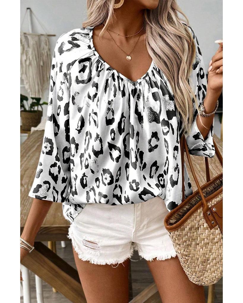 Azura Exchange Черная блузка с леопардовым принтом, V-образным вырезом и рукавами 3/4