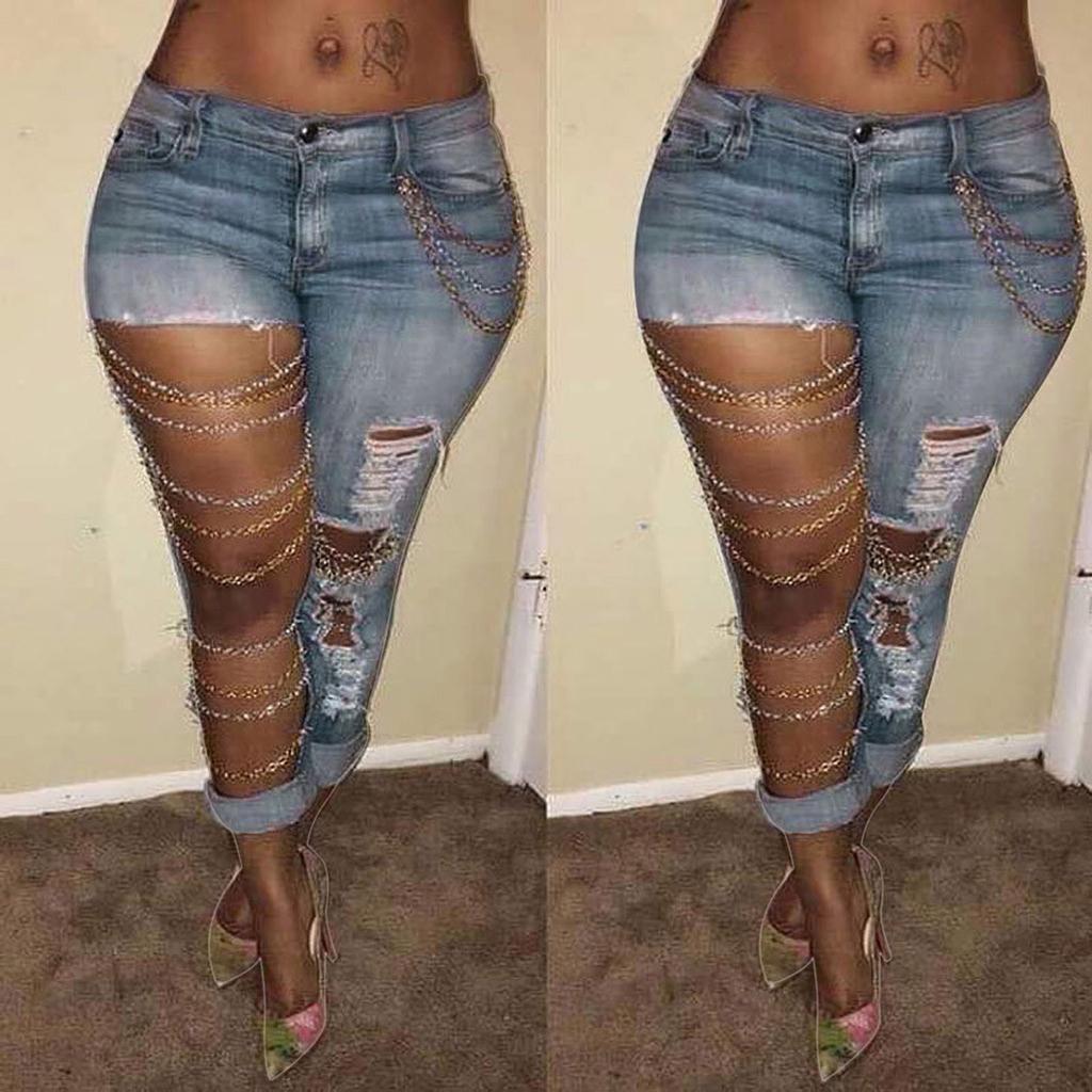 Fashion Women Solid Slim Denim Ripped Chain Big Hole Jeans Trousers Pencil Pants