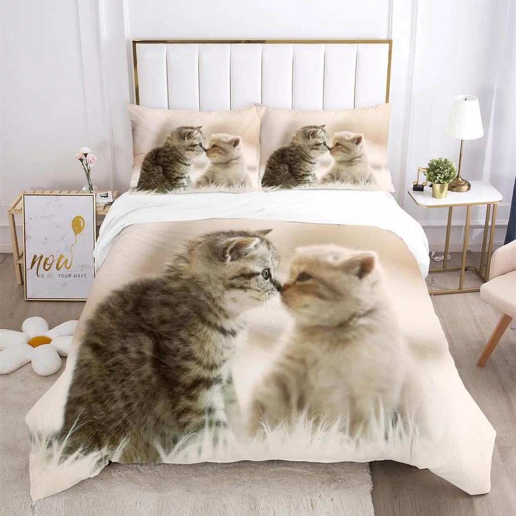 Cute Cat Bedding Comforter Set King Size,Duvet Cover For KidsTeens Boys Girls, Animal Pet Theme Bed Set +Pillowcases Bedclothes