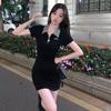 Корейское черное клетчатое платье, женское Kpop с воротником-поло, облегающее мини-короткое платье с запахом, модное облегающее платье, облегающие наряды