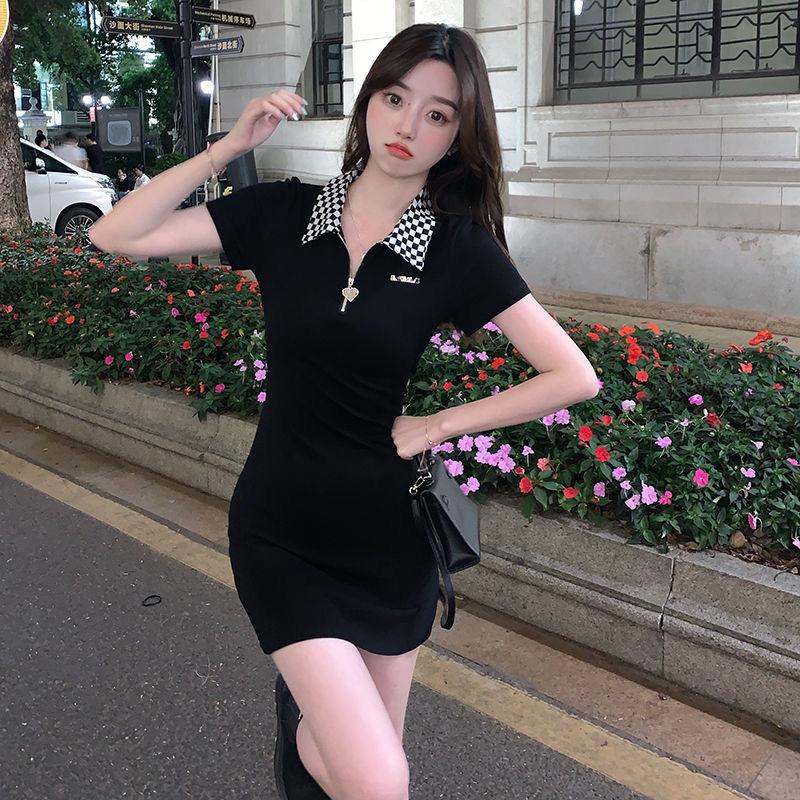Корейское черное клетчатое платье, женское Kpop с воротником-поло, облегающее мини-короткое платье с запахом, модное облегающее платье, облегающие наряды