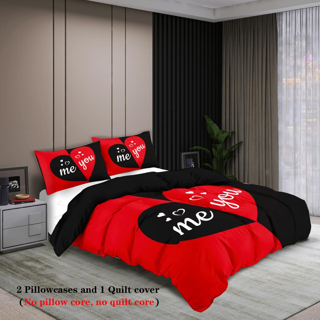 3-piece Set Red and Black ME and YOU Letters Pattern Printed Bedding Set for Bedroom Hotels Queen King Double Bed