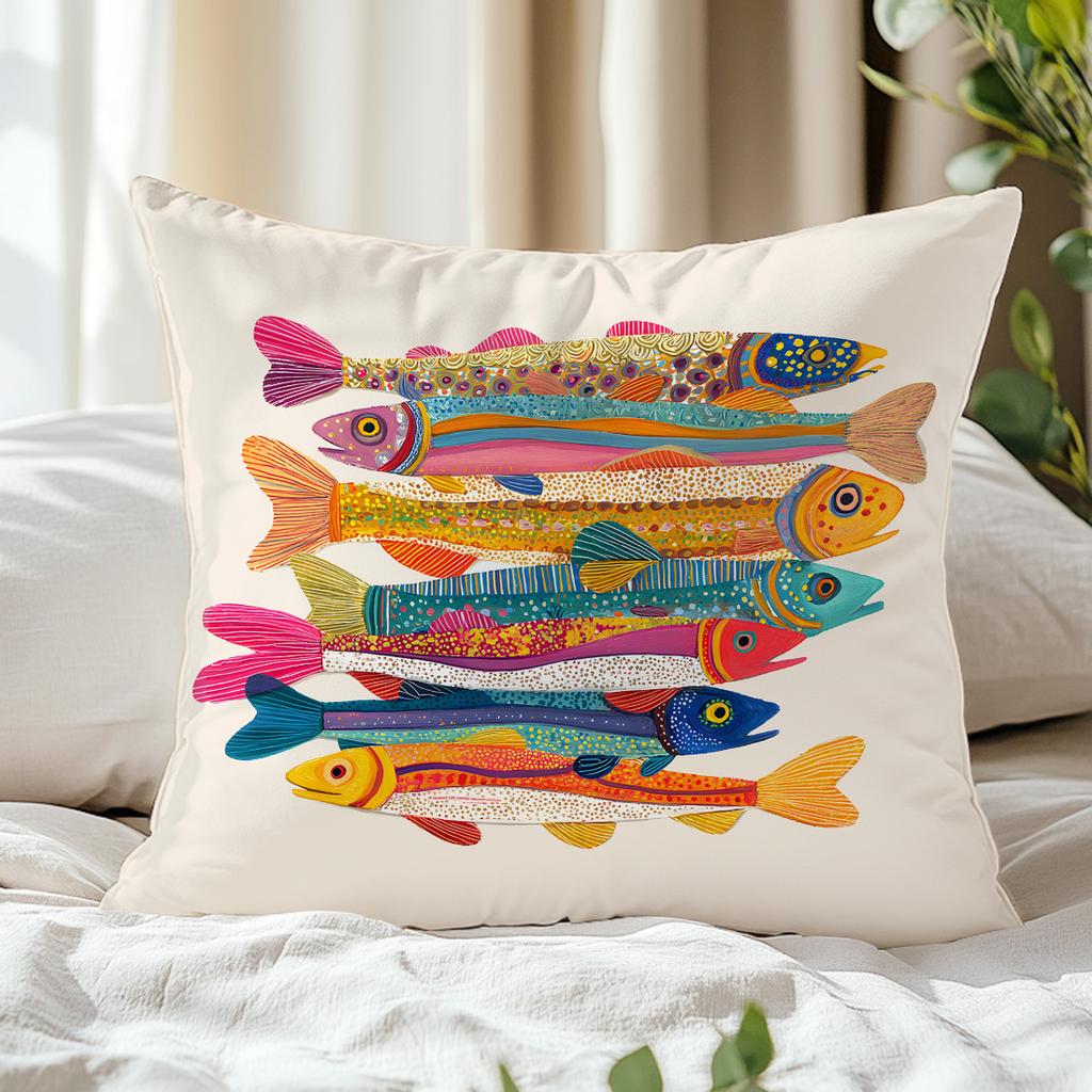 Colorful Rainbow Trout Pillow Cover Vibrant Boho Fish Print Funky Coastal Nautical Cushion Case For Sofa Bed Couch Home Decor