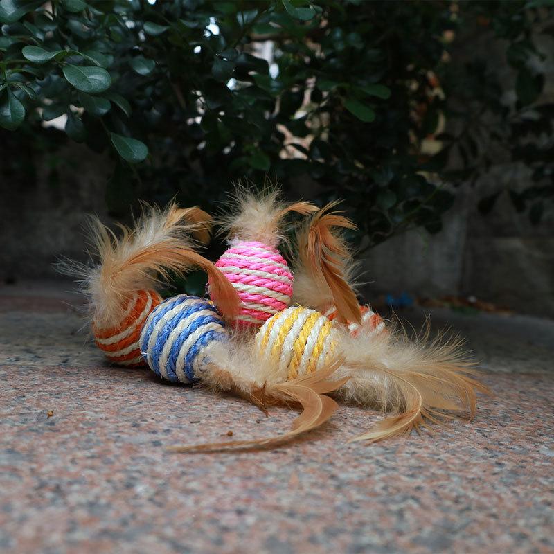 Cat Toys, Sisal Balls with Feathers, Durable Cat Bite, Rustling Teeth, Cat Teasing Balls, Cat Scratch Balls, Pet Supplies