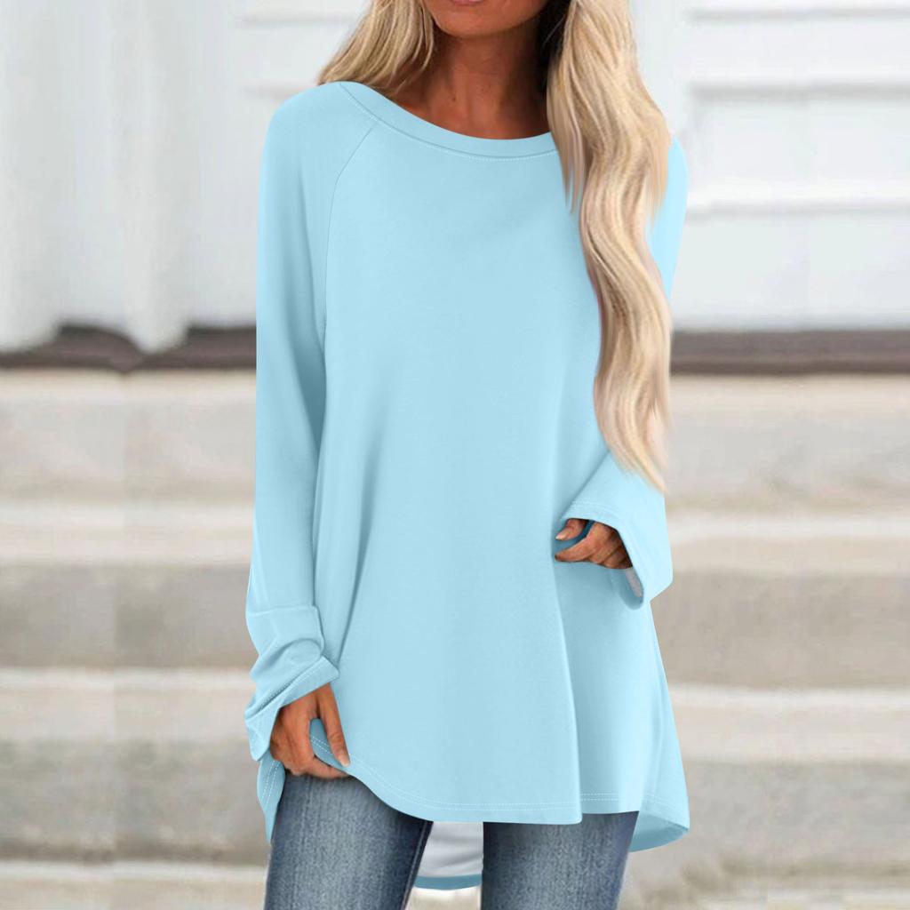 Women's Fashionable Loose Mid-length Round Neck Pullover Solid Color Raglan Sleeves Long-sleeved Casual Top