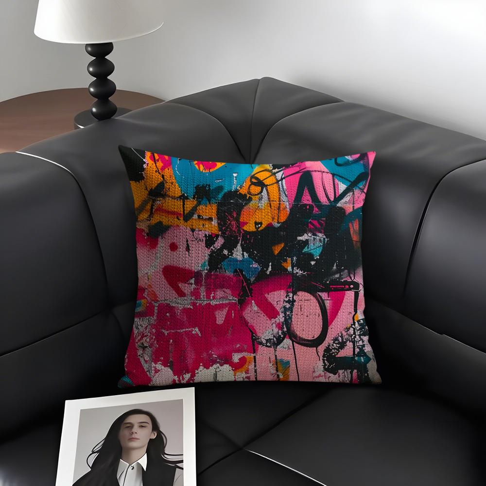 Colorful Graffiti Fashion Cushion Cover Natural Linen Organic Fabric DoubleSided Printing Sofa Home Decor Gift Pillow Case