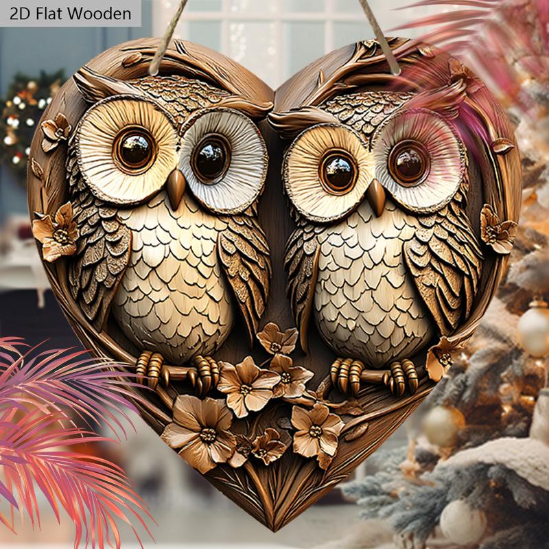 Vintage Couple Owl Wooden Sign with Heart-shaped, Love Ornament for Front Door Wall Hanging Decor, Ideal Home Ornament