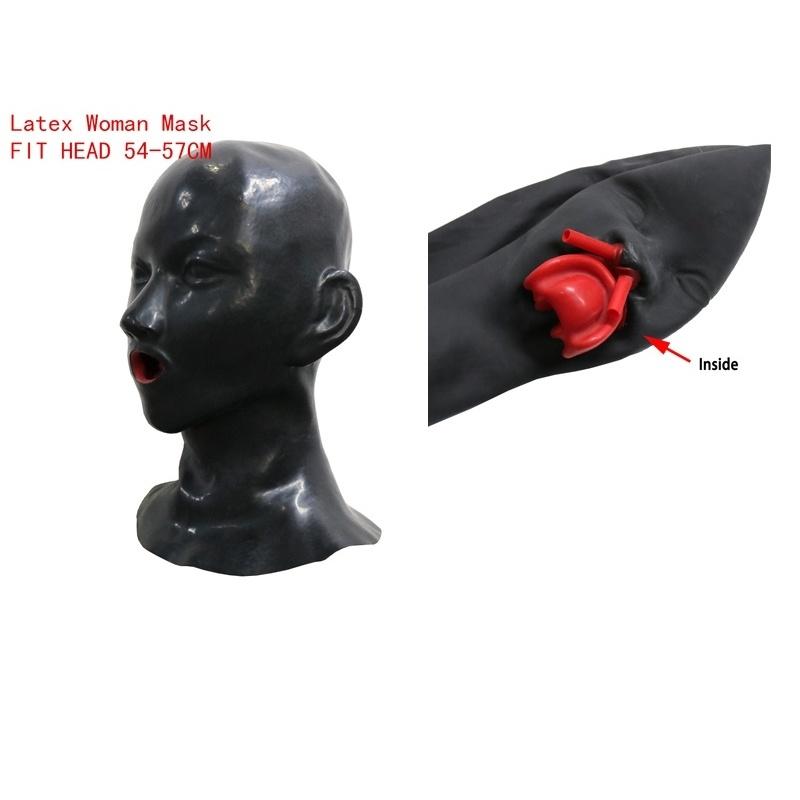 Латексная маска на всю голову, фетиш, открытые и закрытые глаза, резиновая крышка для головы с красным ртом, зубами, губами, языком, носом, трубкой 54-57 см