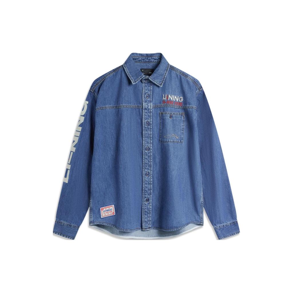 Li Ning Skateboard Series Logo Print Loose Wash Denim Long Sleeve Shirt Men Shirts Medium-Blue ASHU003-3