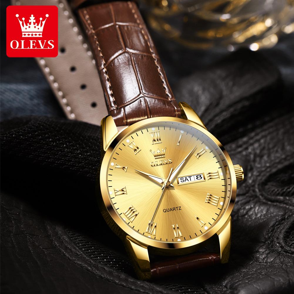 OLEVS 5892 New Quartz Watches for Men Fashion Leather Strap Classic Dual Calendar Simple Waterproof Luminous Business Man Watch