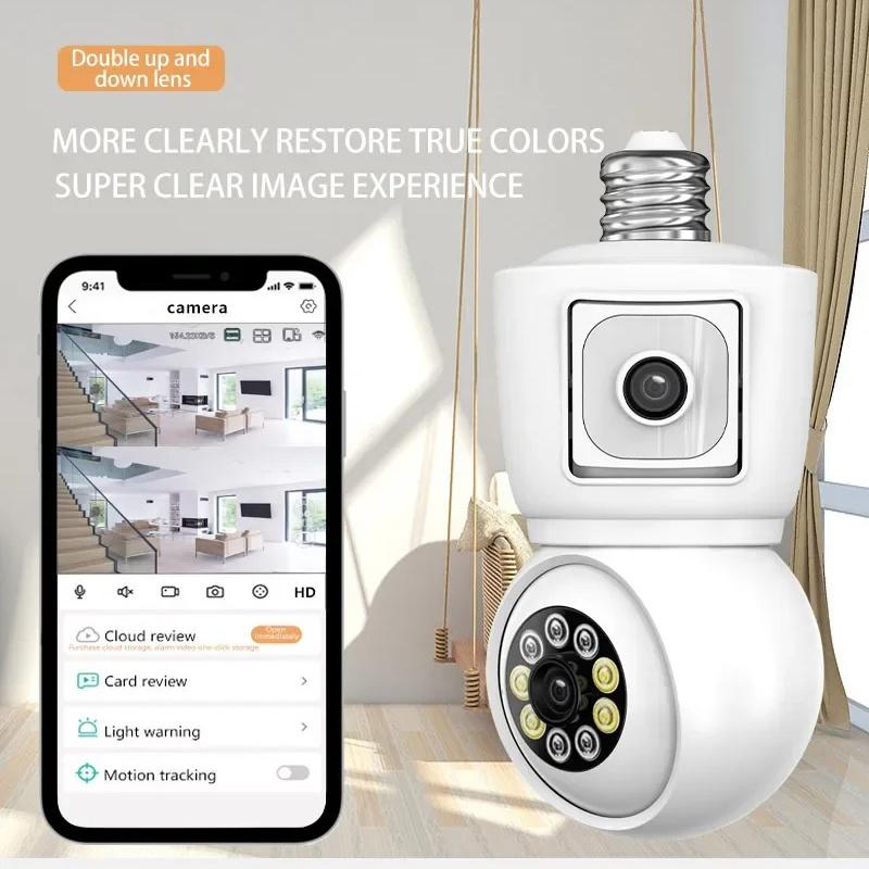 ICSEE 4K 8MP E27 Bulb WiFi камера с двумя объективами, двумя экранами, автоматическим слежением, двухсторонней аудиосвязью, цветным ночным видением, наружная камера безопасности
