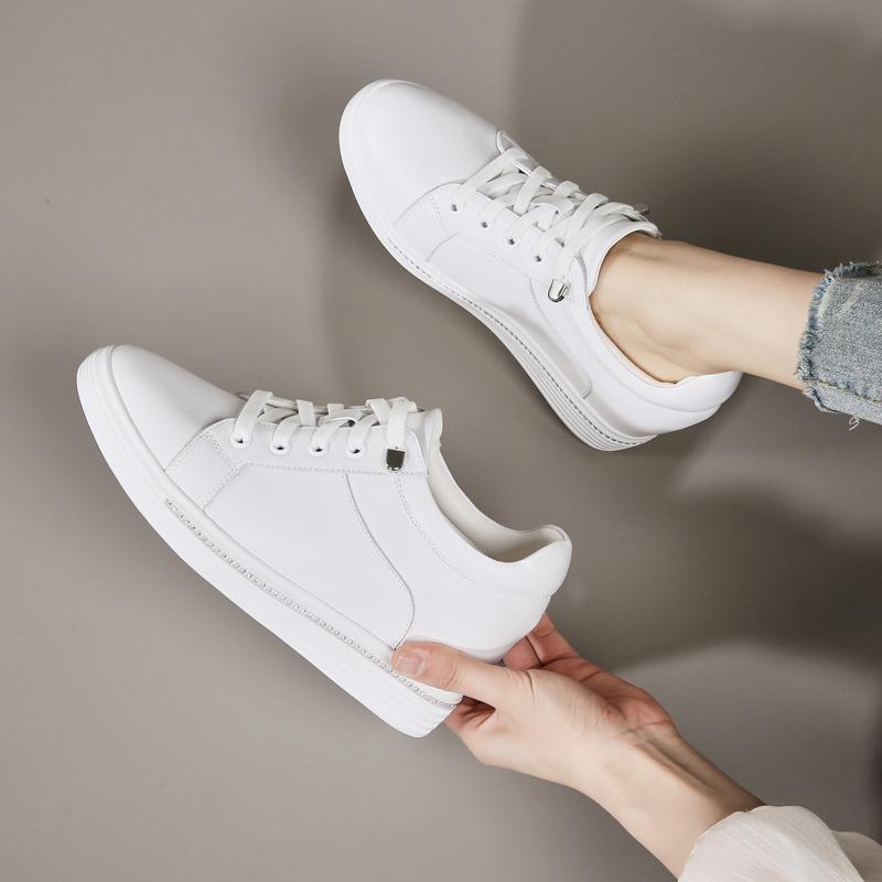 Top layer cowhide Inner height increasing white shoes for women's spring new style real sheepskin insole sports and leisure shoes