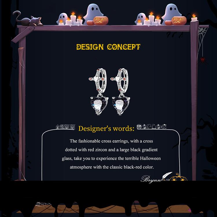 Женские серьги-кольца BAMOER из стерлингового серебра 925 пробы с сердцем, двухцветные черные серьги-кольца с кристаллами, висячие серьги с красным крестом, подарок на Хэллоуин