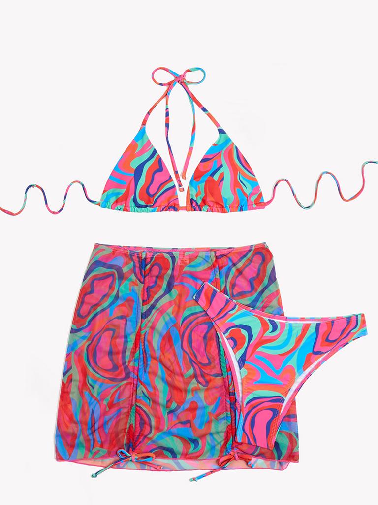 Women's Fashion Bikini Set 3 Pieces Multicolor Swimwear Set Padded Halter Backless Top High Cut Brief Lace Up Cover-up Swimsuit Sexy Bathing Suit