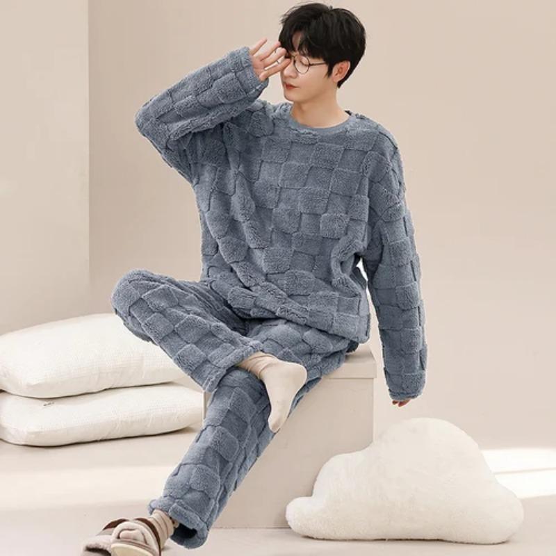 Autumn and Winter Flannel Pajamas Men's Thicken Coral Fleece Youth Student Warm Korean Pijamas Casual Loungewear