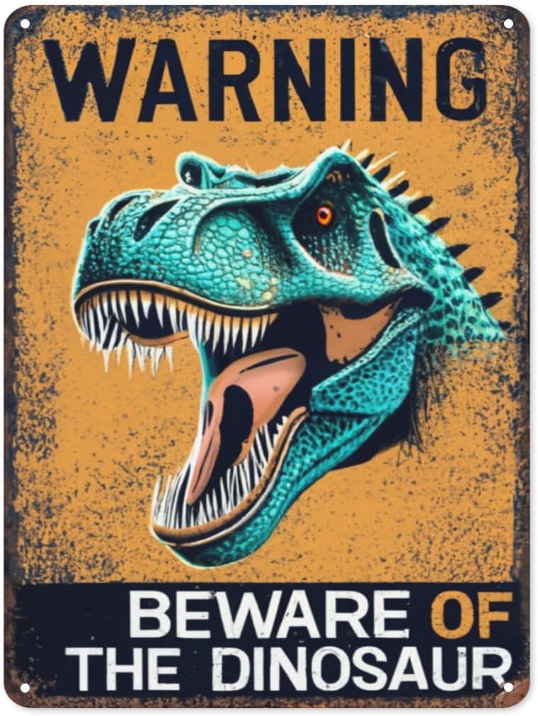 Mfoever Funny Beware of The Dinosaur Tin Sign Retro Metal Wall Decor Poster Vintage Sign for Home Bar Garage Garden Patio Porch Bathroom