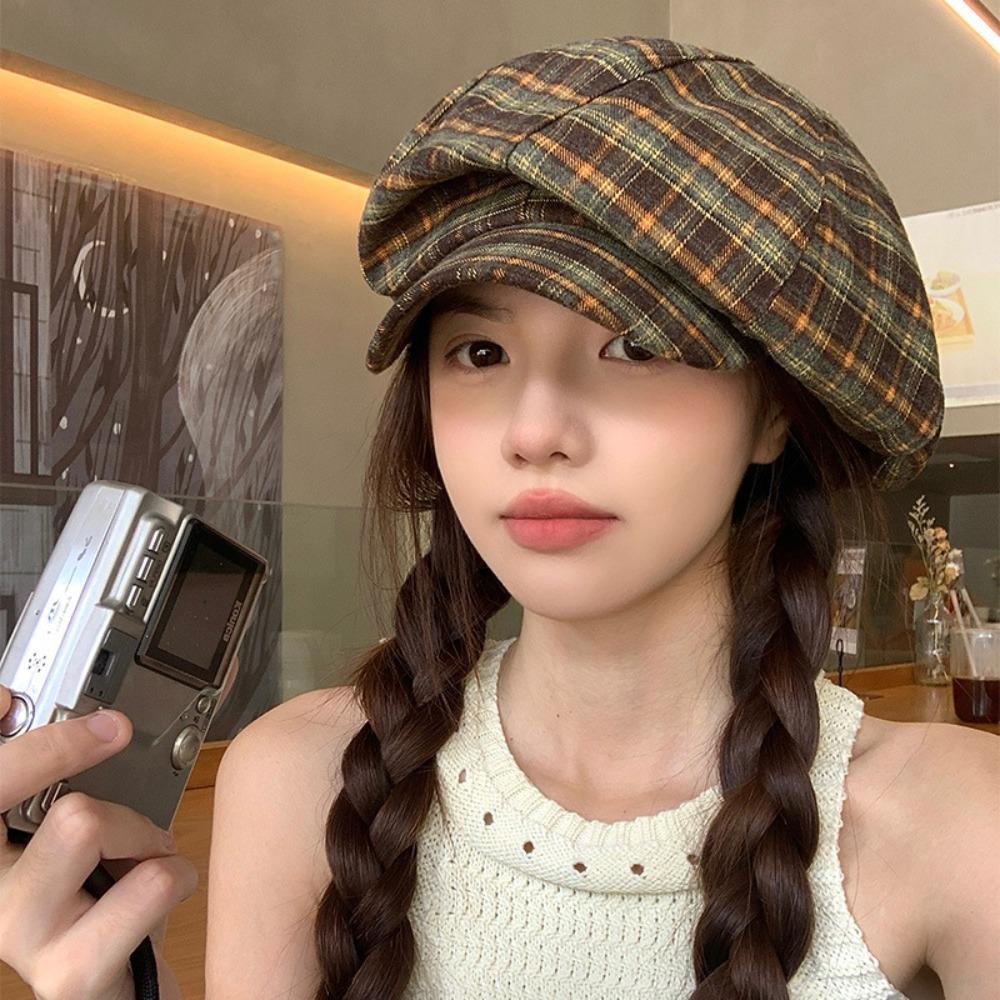 Хлопковая клетчатая кепка-облако тонкая женская восьмиугольная шляпа шляпа художника клетчатый берет летняя