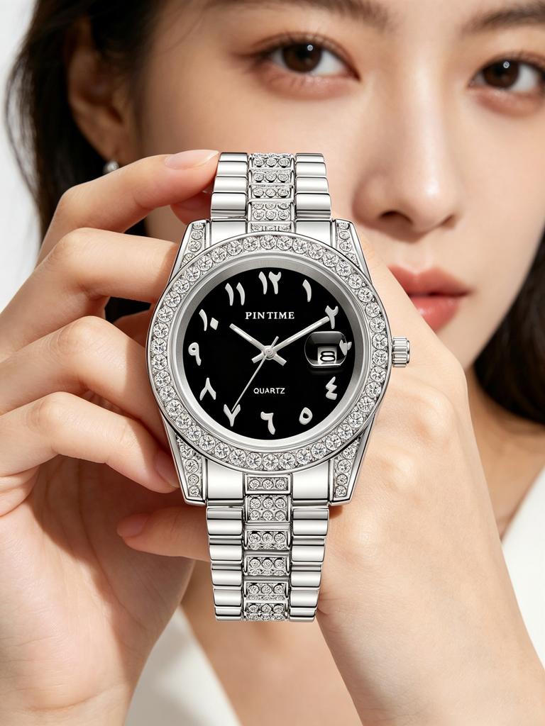 Men's Quartz Watch, Luxurious Hip-Hop Style Watch, Watch with Gemstones on the Case, Diamond Accessory Watch, High-End Design, P