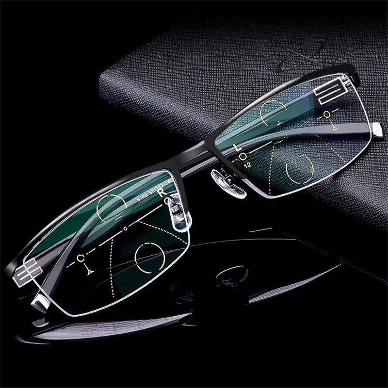 Business Square Half Frame Reading Glasses Men Gradual Adjustment Bifocal Vision Converted Light Multifocal Glasses
