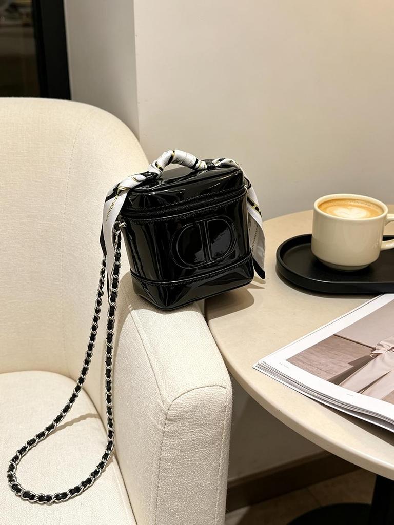 Dior Сумка для косметики своими руками из лакированной кожи, Сумка-кроссбоди с цепочкой и декором из шелкового платка, Портативная квадратная сумка для хранения в путешествиях