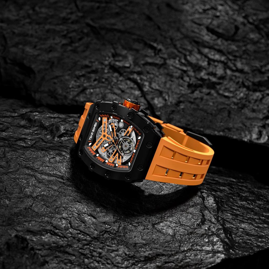 TSAR BOMBA Skeleton Автоматические механические аналоговые часы-скелетоны 5 ATM Водонепроницаемые часы с силиконовым ремешком Большой циферблат Стальной корпус наручные часы Подарочные спортивные